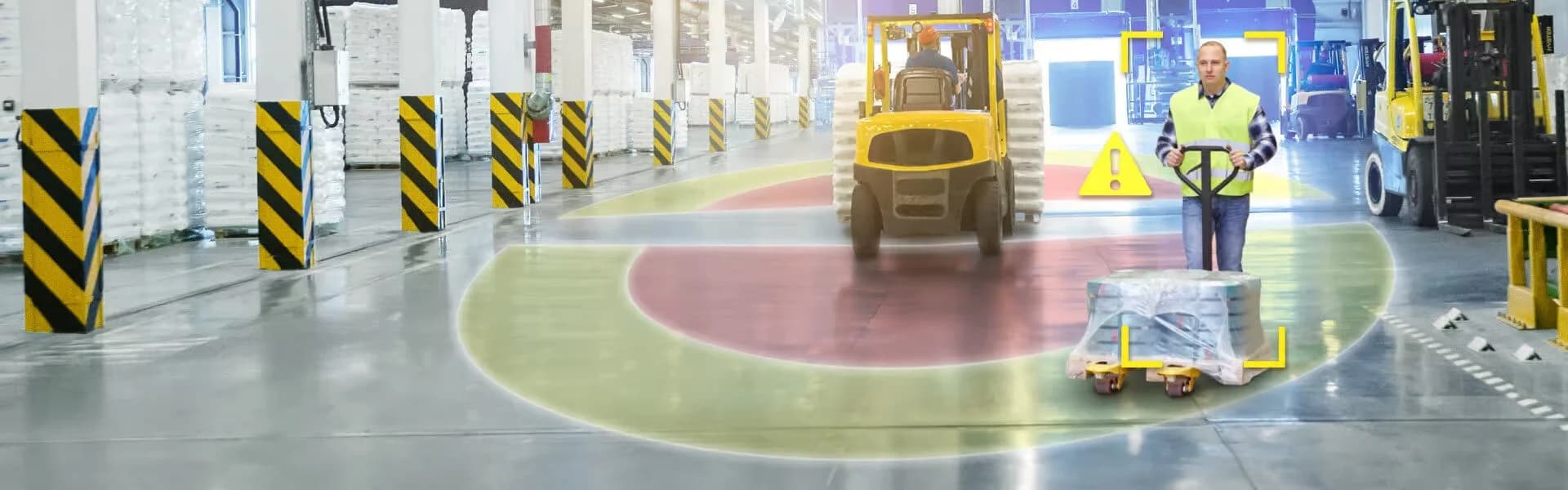 Forklift safety system sensor detecting pedestrian on the vehicle path
