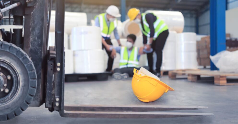 Forklift collision in the warehouse, image focus on the front of forklift and a yellow construction helmet