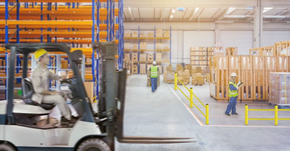 three workers in a warehouse and one of them operating a forklift