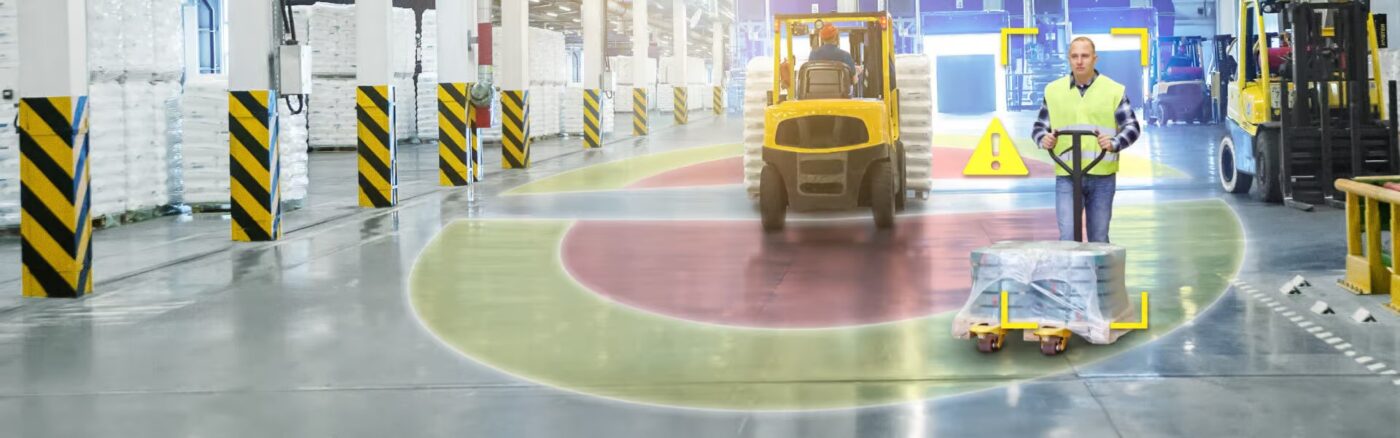 Forklift safety system sensor detecting pedestrian on the vehicle path
