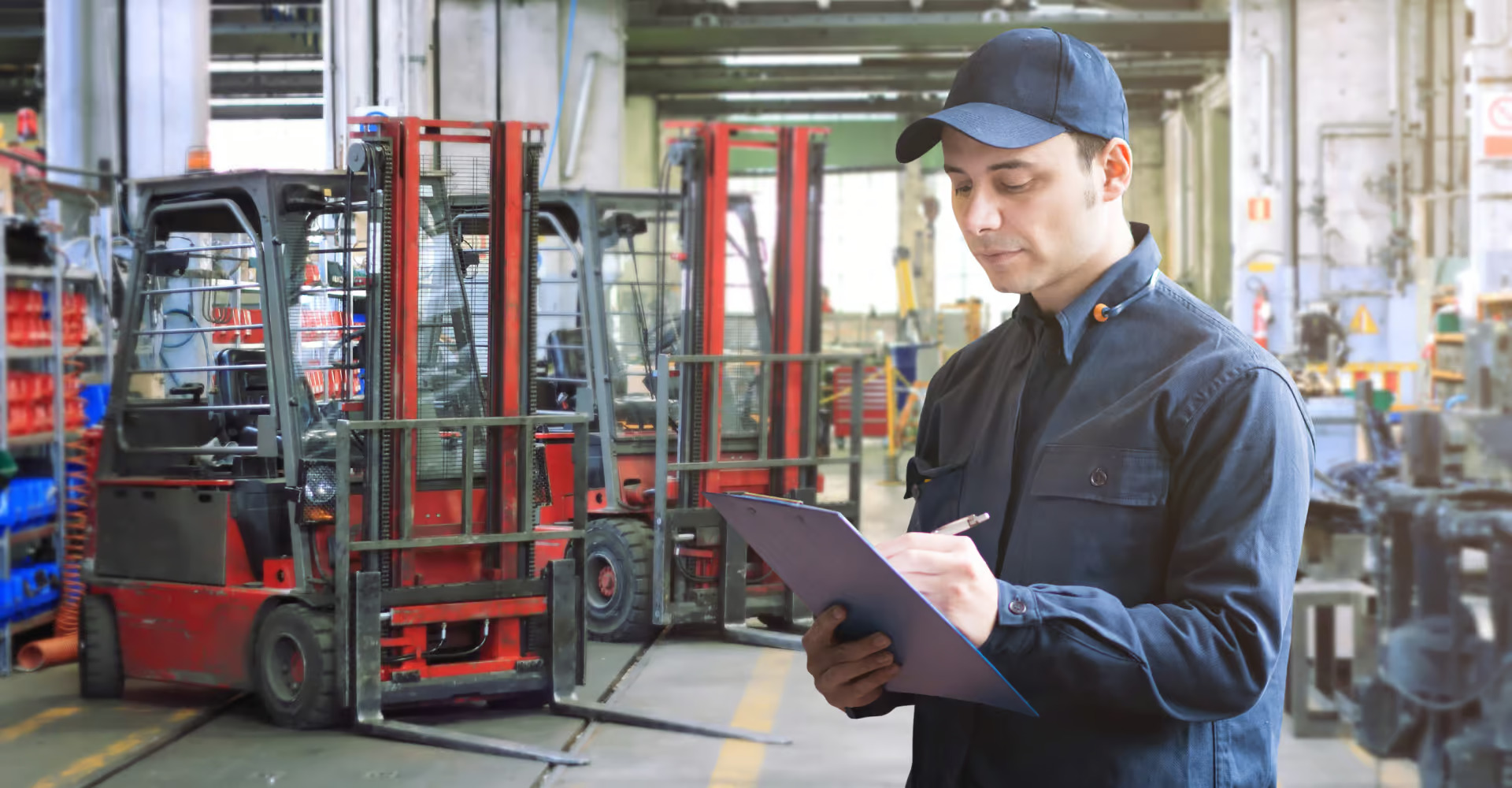 man checking a forklift safety checklist