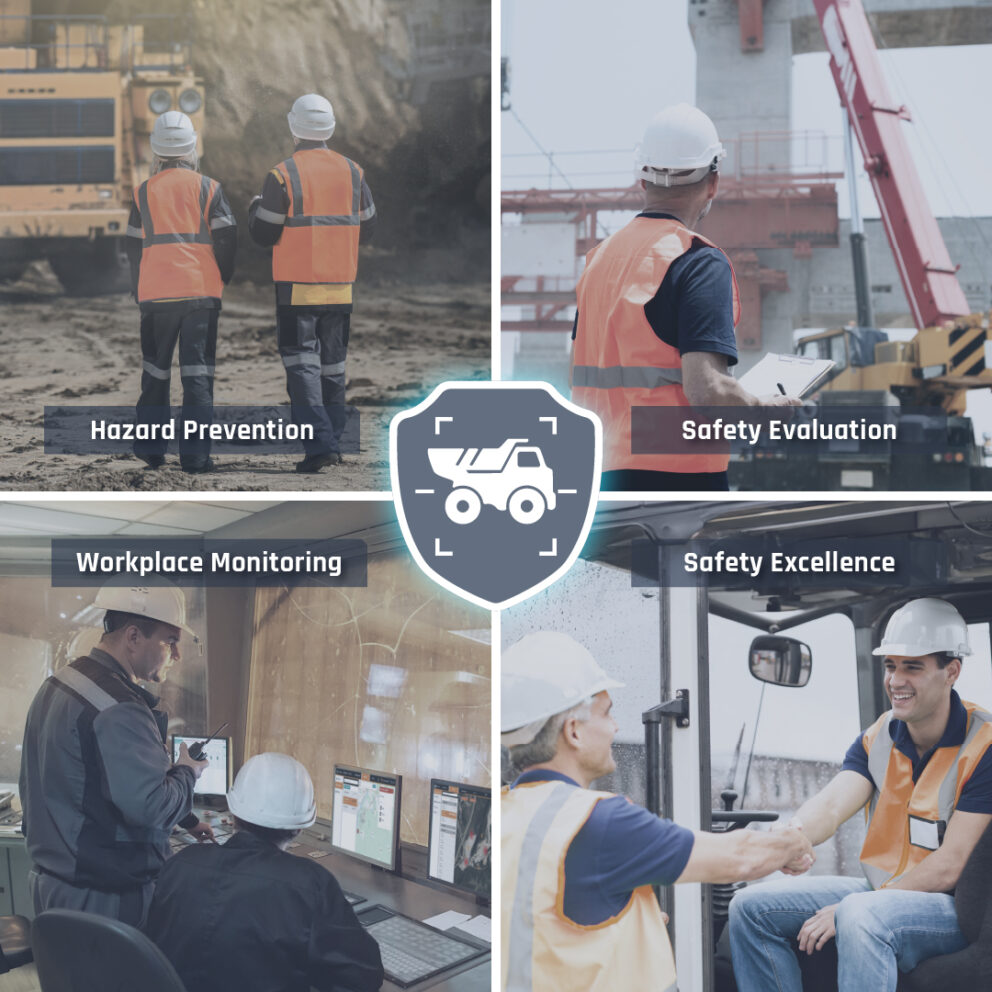 workplace safety: "Hazard Prevention" with two workers by heavy machinery, "Safety Evaluation" with a worker on a construction site, "Workplace Monitoring" with two workers in a control room, and "Safety Excellence" with two workers shaking hands.