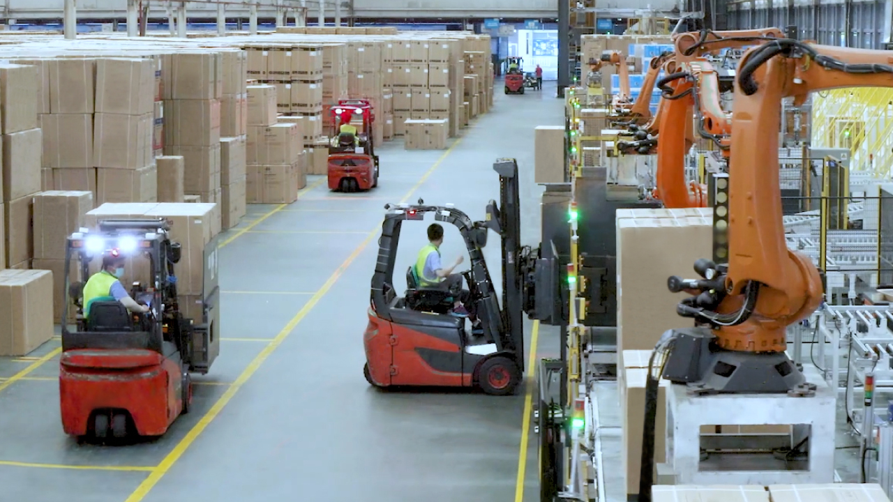 forklifts in a warehouse