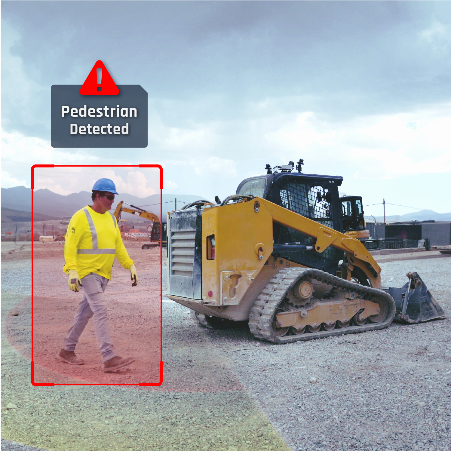 pedestrian behind a skid steer