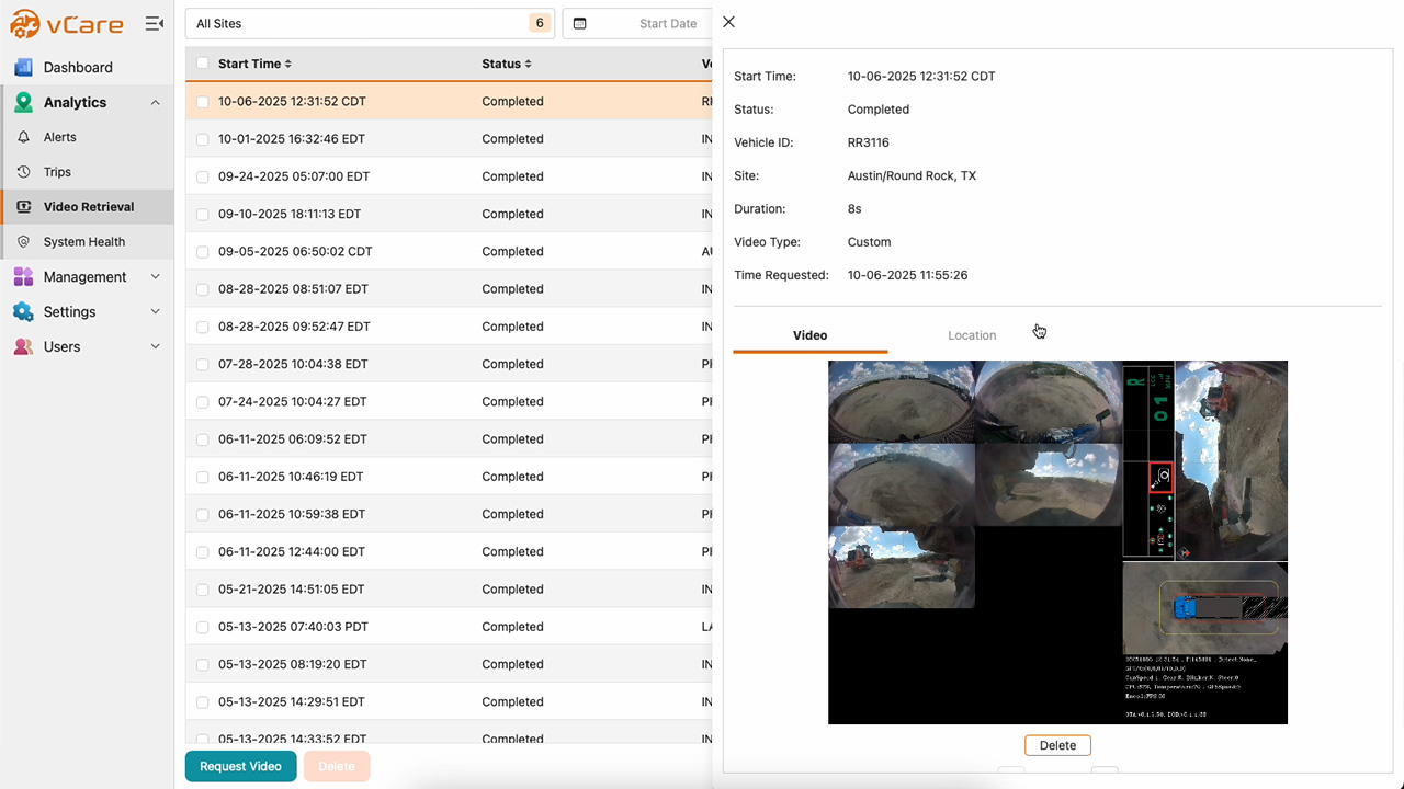 alert footage retrieval section vcare
