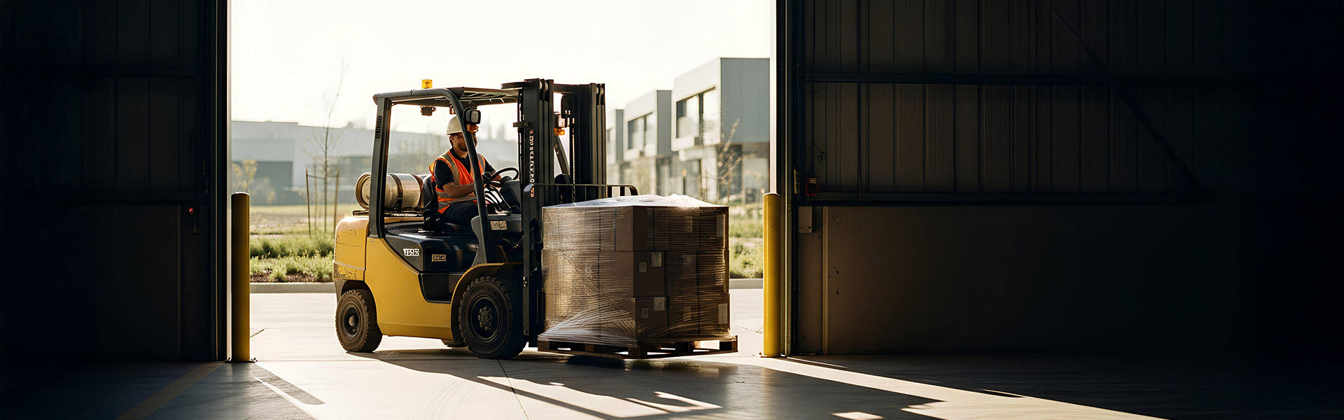 forklift entering a warehouse